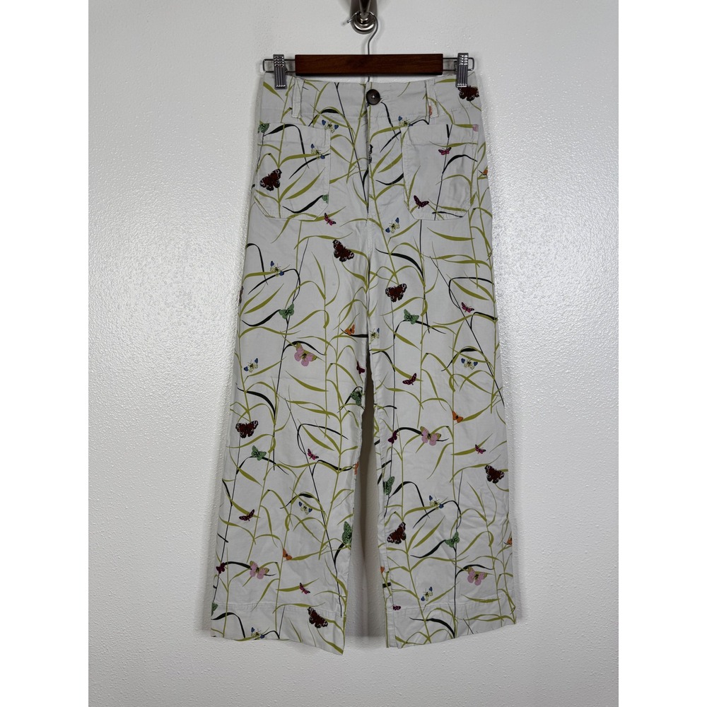 Maeve Anthropologie The Colette Butterfly Print Wide Leg Pants White 26